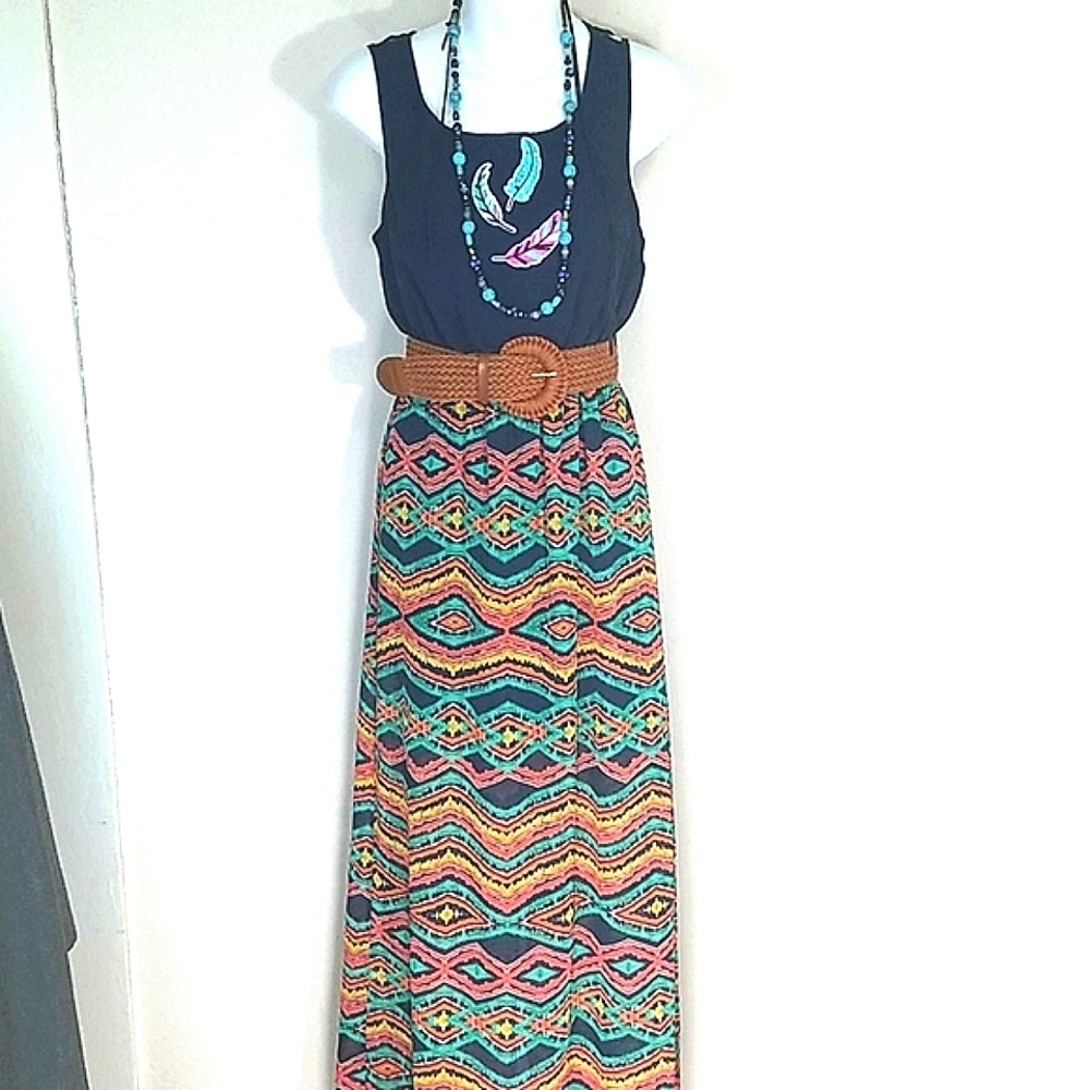 Sundress back straps Maxi Southwest chiffon feathers Turquoise blue EUC